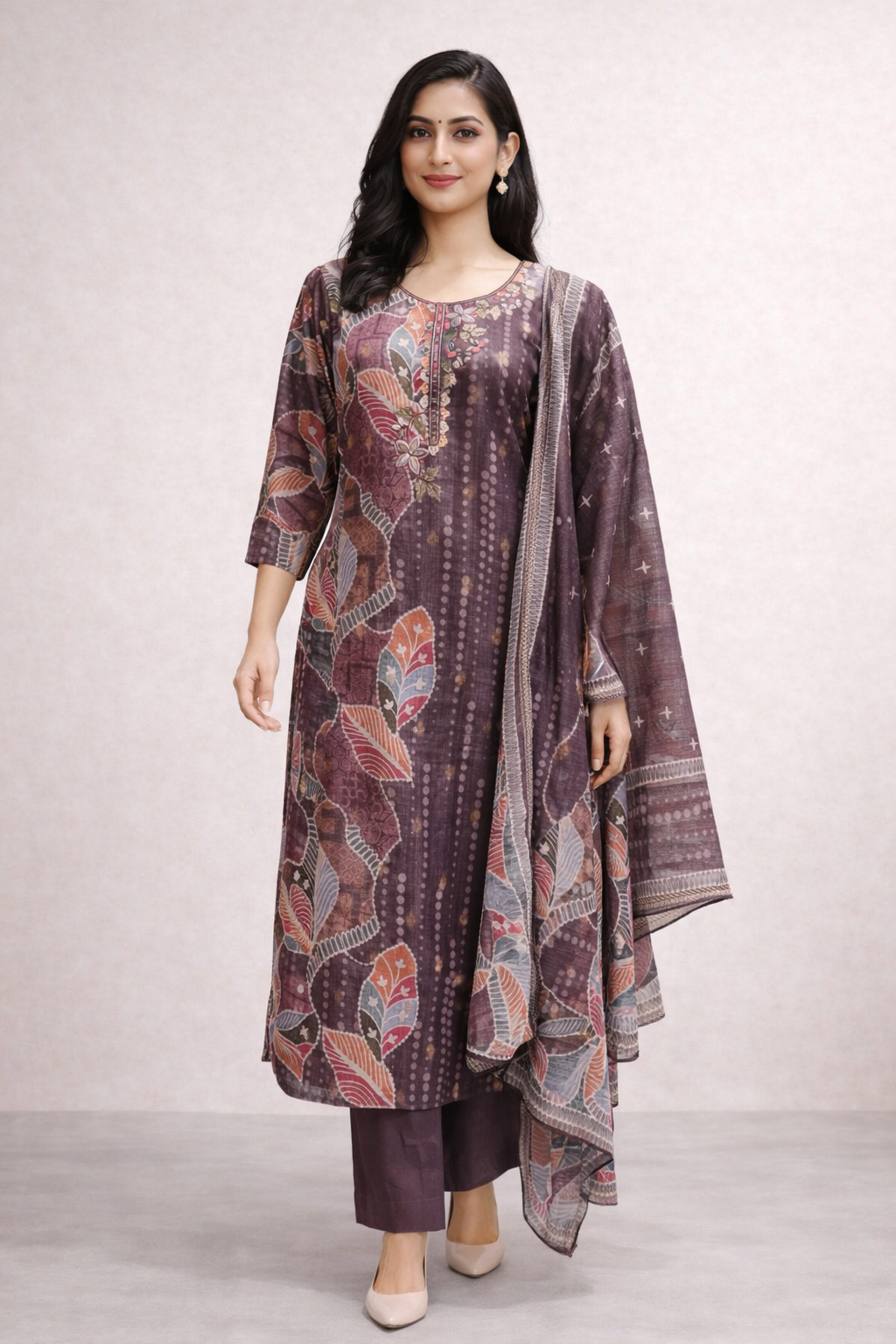 Brown Floral Printed Kurta Set with Pants & Dupatta